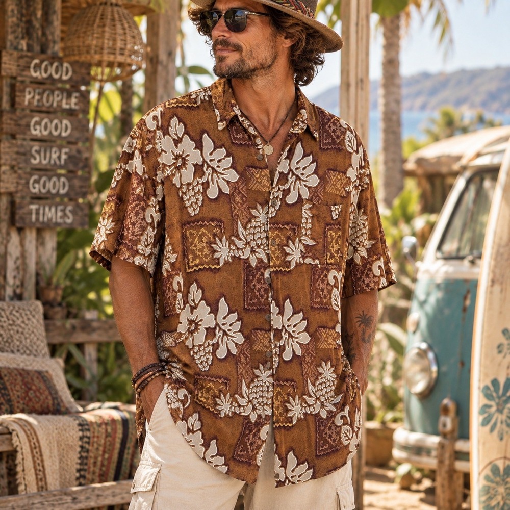VTG Dreamland Men's Hawaiian Shirt Brown Tropical XL Long Relaxed Button Down